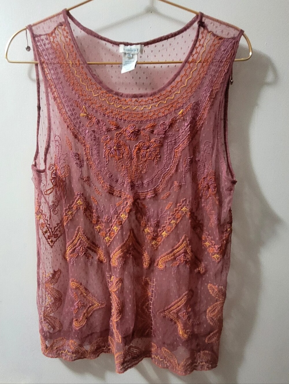 SUNDANCE $68 Purple Sheer Embroidered Floral Tank Top Sz Xl